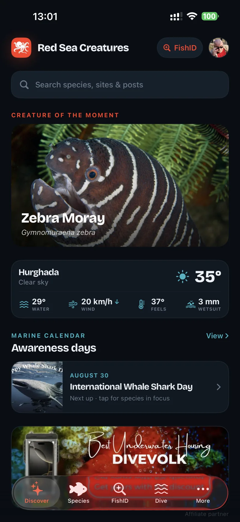 Red Sea Creatures app - home screen