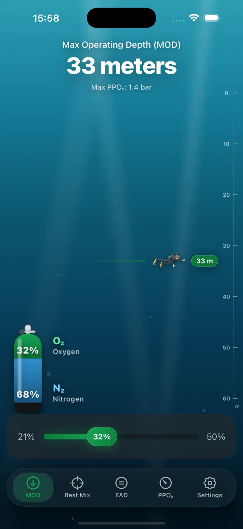 RSC Nitrox on iPhone - Maximum Operating Depth