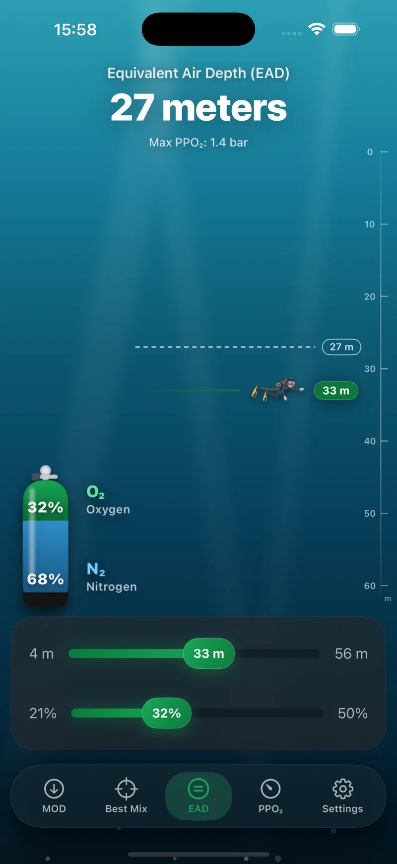 Equivalent Air Depth (EAD) calculator
