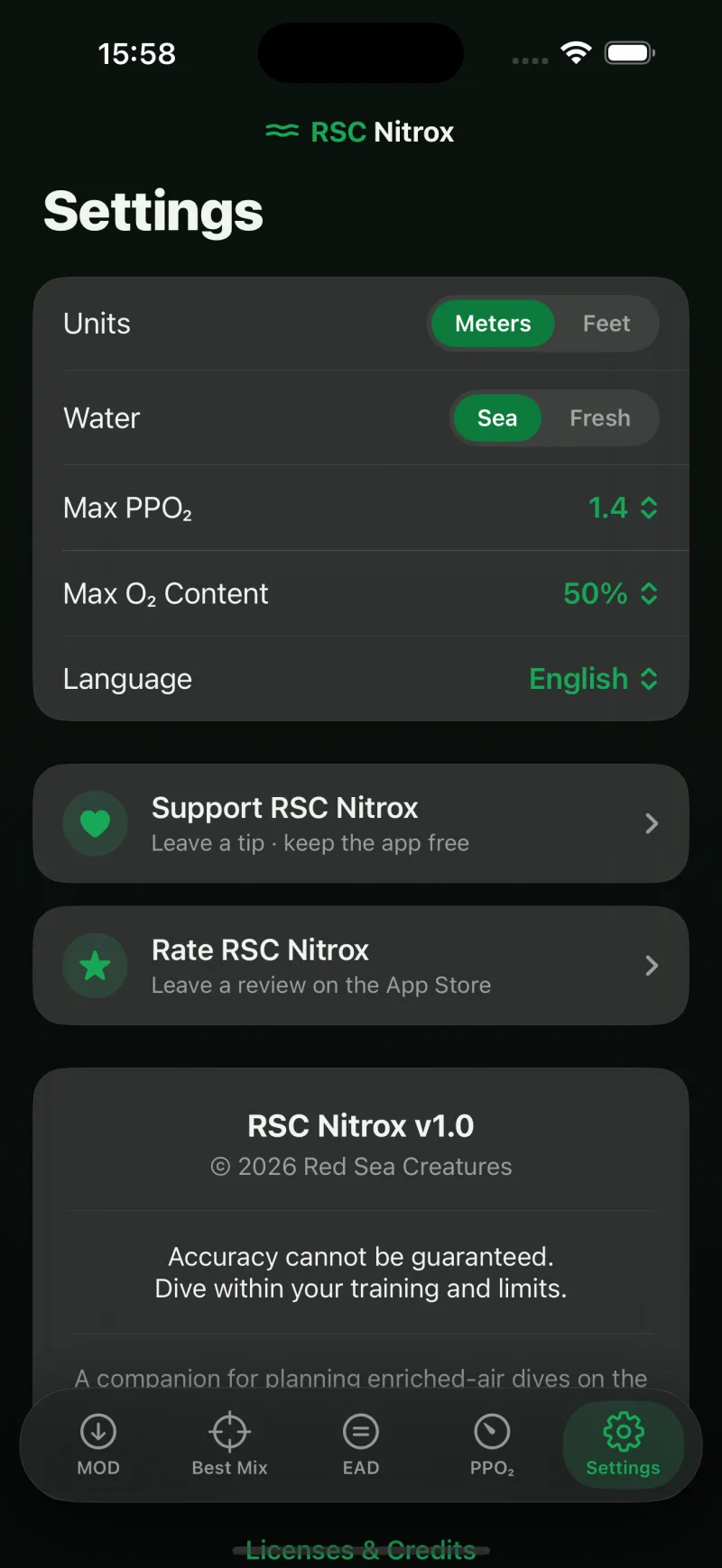 Settings - units, water type and max PPO₂
