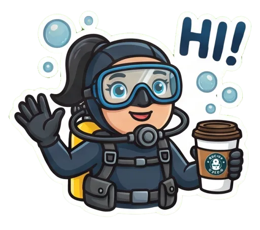 Cartoon female scuba diver waving hello (Hi)