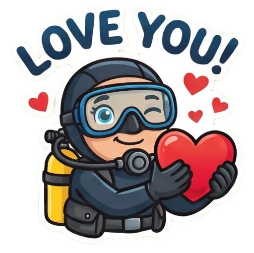 Cartoon female scuba diver blowing a heart (Love you)