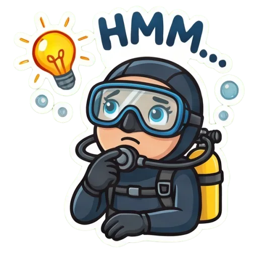 Cartoon female scuba diver thinking, with a lightbulb (Hmm)