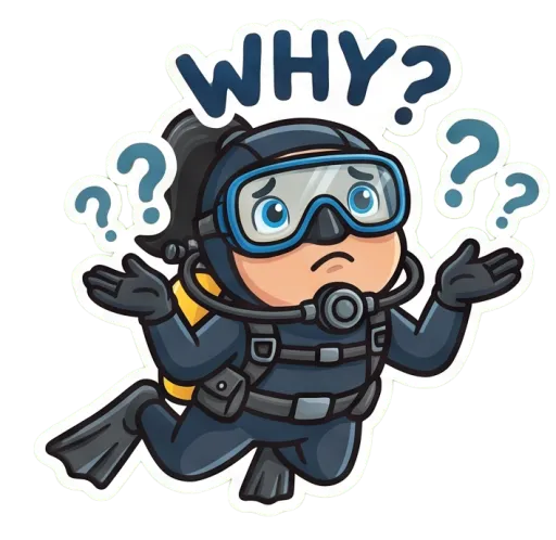 Cartoon female scuba diver shrugging, confused (Why)