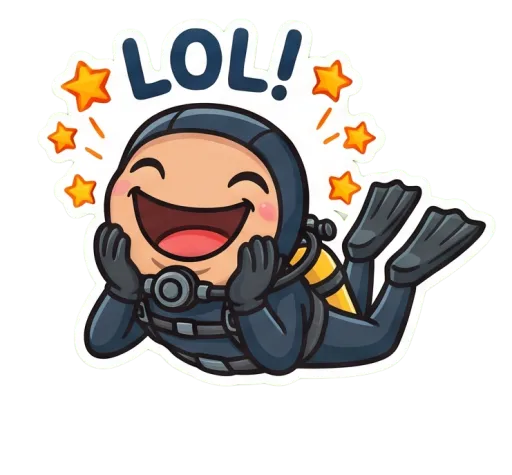 Cartoon female scuba diver laughing out loud (LOL)