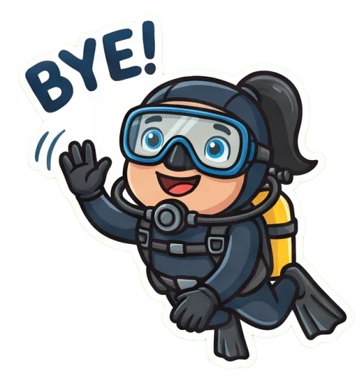 Cartoon female scuba diver waving goodbye (Bye)