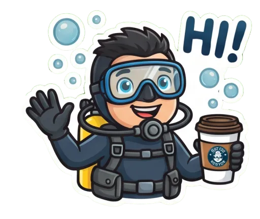 Cartoon male scuba diver waving hello (Hi)