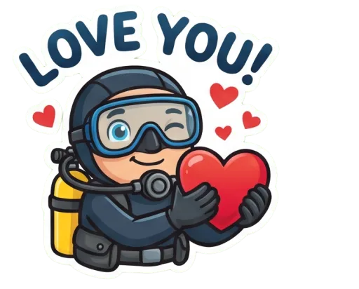 Cartoon male scuba diver blowing a heart (Love you)