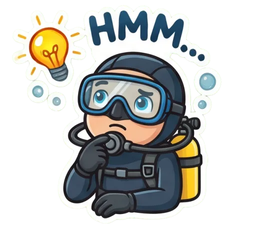 Cartoon male scuba diver thinking, with a lightbulb (Hmm)