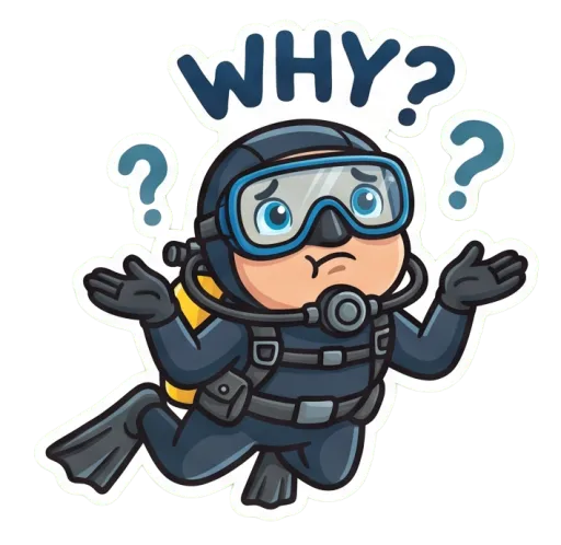 Cartoon male scuba diver shrugging, confused (Why)