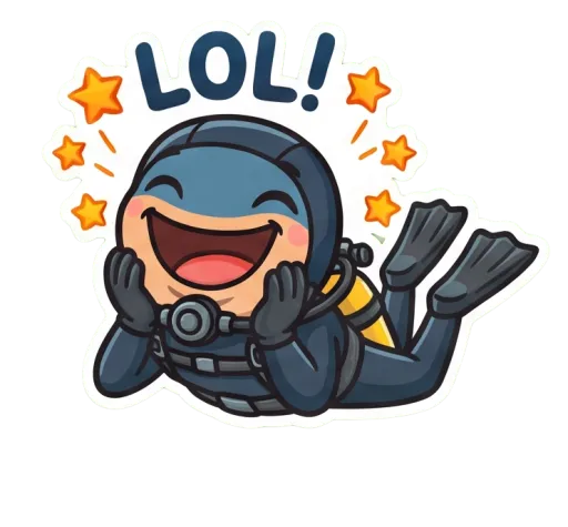 Cartoon male scuba diver laughing out loud (LOL)
