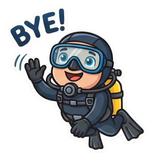 Cartoon male scuba diver waving goodbye (Bye)