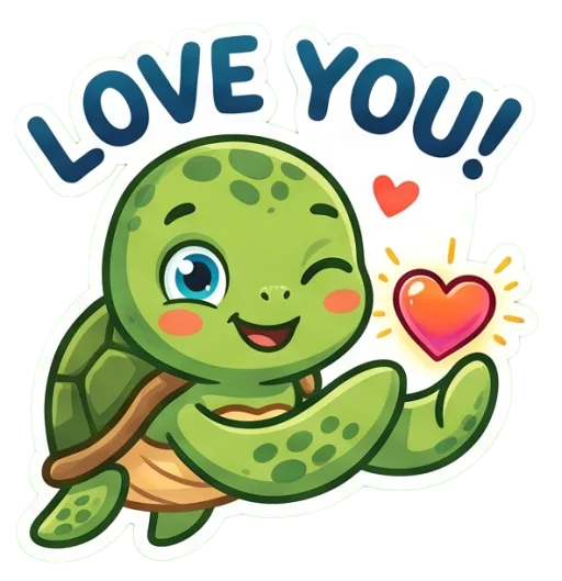 Cartoon green sea turtle blowing a heart (Love you)
