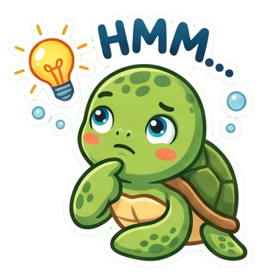 Cartoon green sea turtle thinking, with a lightbulb (Hmm)