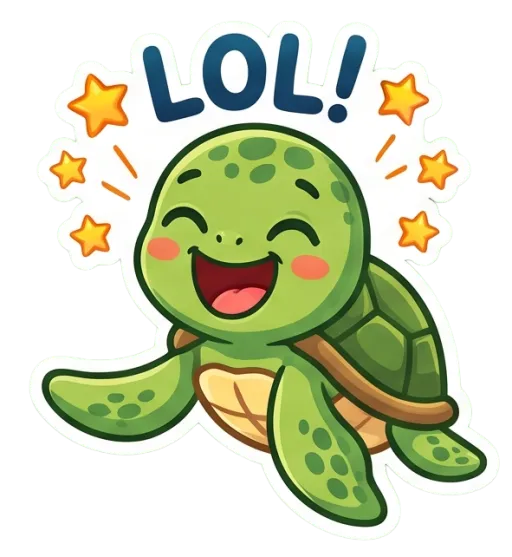Cartoon green sea turtle laughing out loud (LOL)
