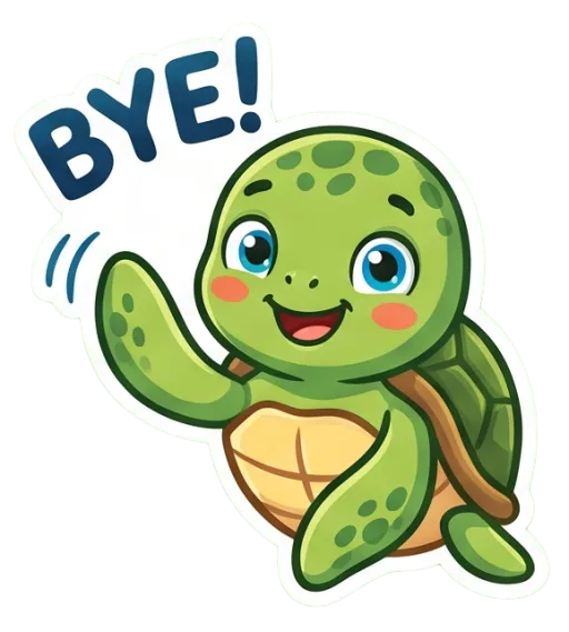Cartoon green sea turtle waving goodbye (Bye)