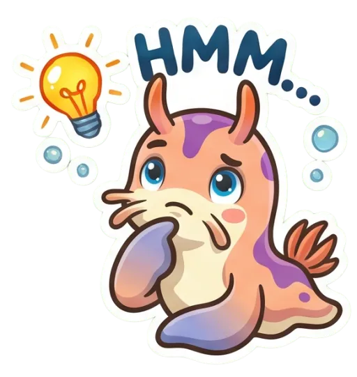 Cartoon nudibranch thinking, with a lightbulb (Hmm)