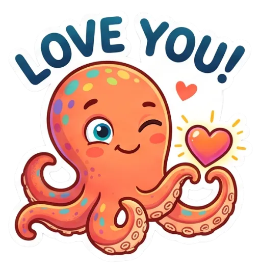 Cartoon reef octopus blowing a heart (Love you)