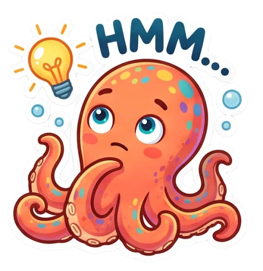 Cartoon reef octopus thinking, with a lightbulb (Hmm)