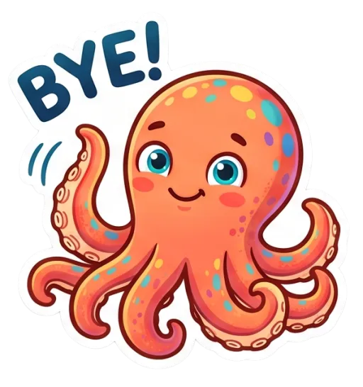 Cartoon reef octopus waving goodbye (Bye)