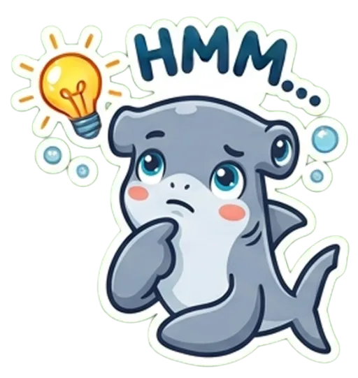 Cartoon hammerhead shark thinking, with a lightbulb (Hmm)