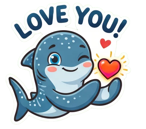 Cartoon whale shark blowing a heart (Love you)
