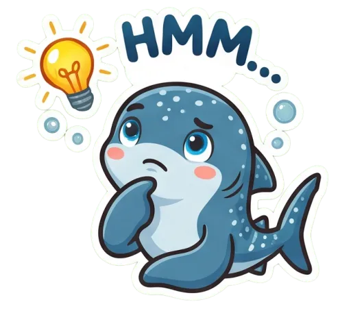 Cartoon whale shark thinking, with a lightbulb (Hmm)